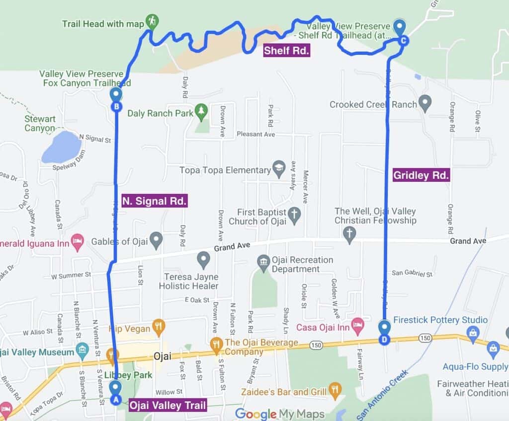 Screenshot of bike route from Ojai Valley Trail to Shelf Road in Ojai