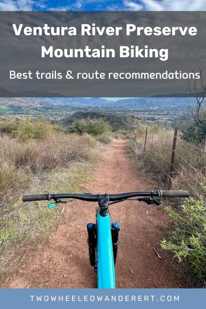 Pinnable image of photo out over mountain bike handlebars on to red dirt singletrack trail. Text reads "Ventura River Preserve Mountain Biking: Best trails & route recommendations"