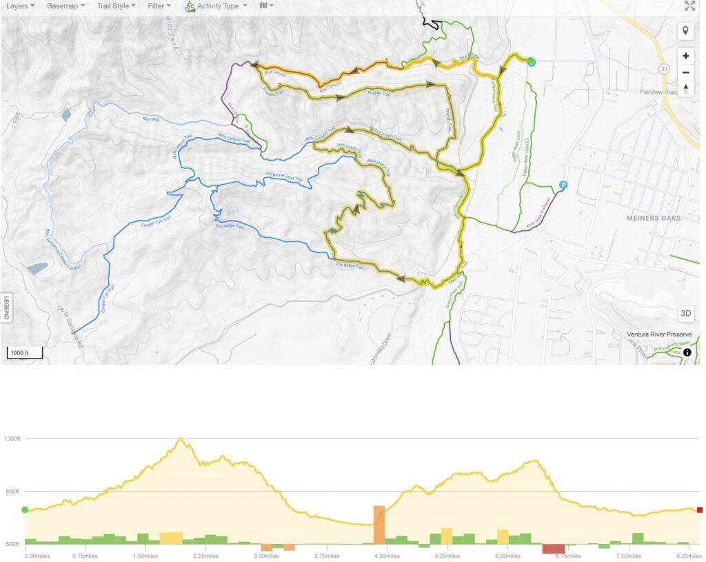 Screenshot of mountain bike route map at Ventura River Preserve in Ojai, California