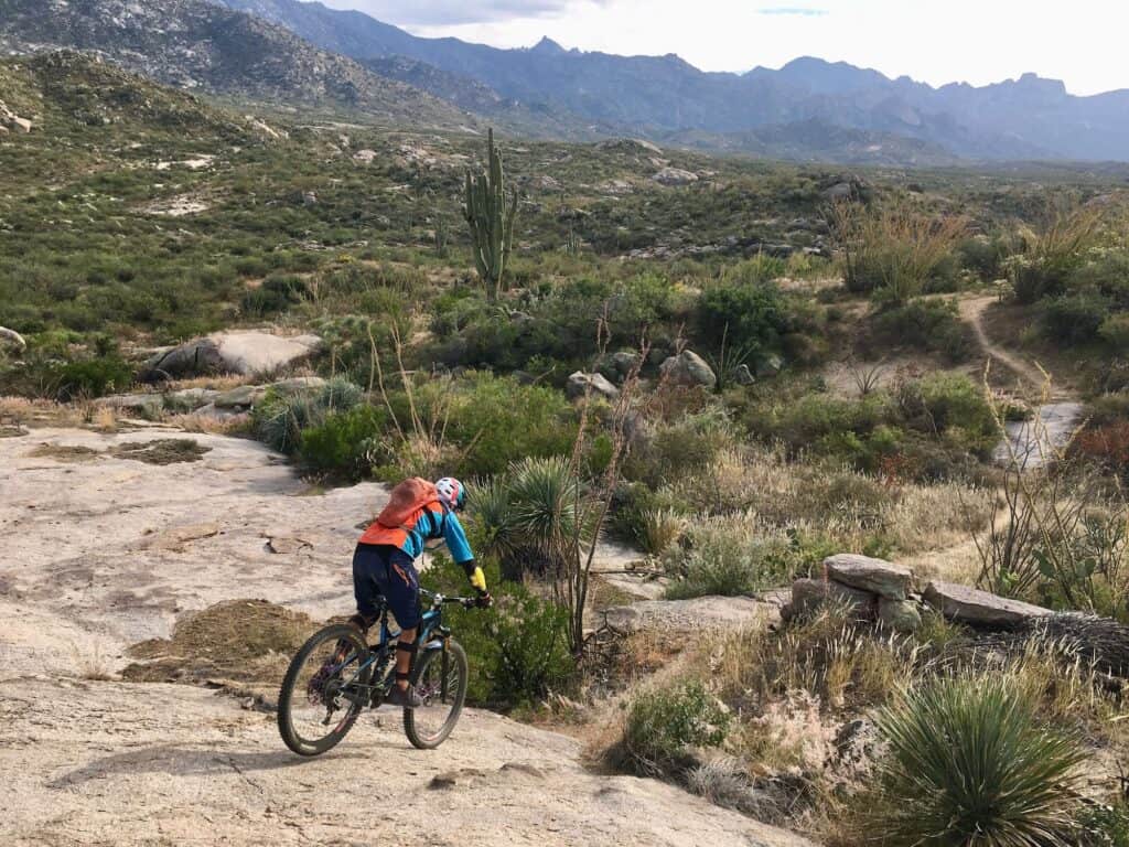 Mountain biker riding bike down rock slab at Catalina State Park in Tucson