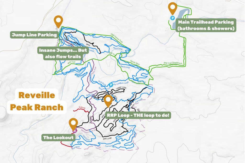 Map of Reveille Peak Ranch Trails with place markers