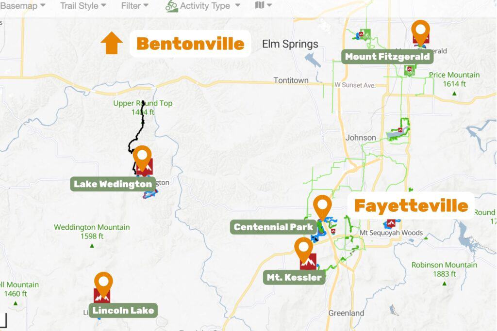 Map of the mountain biking trail networks around Fayetteville, Arkansas