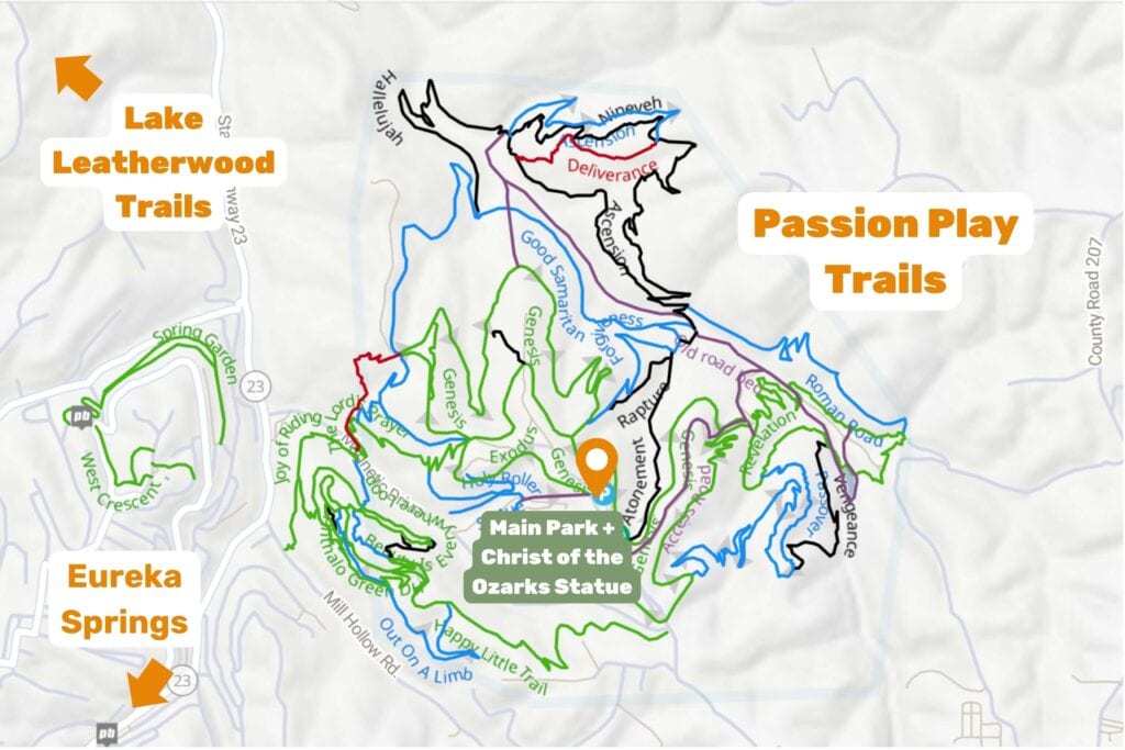 Map of the Passion Play trails at Eureka Springs in Arkansas