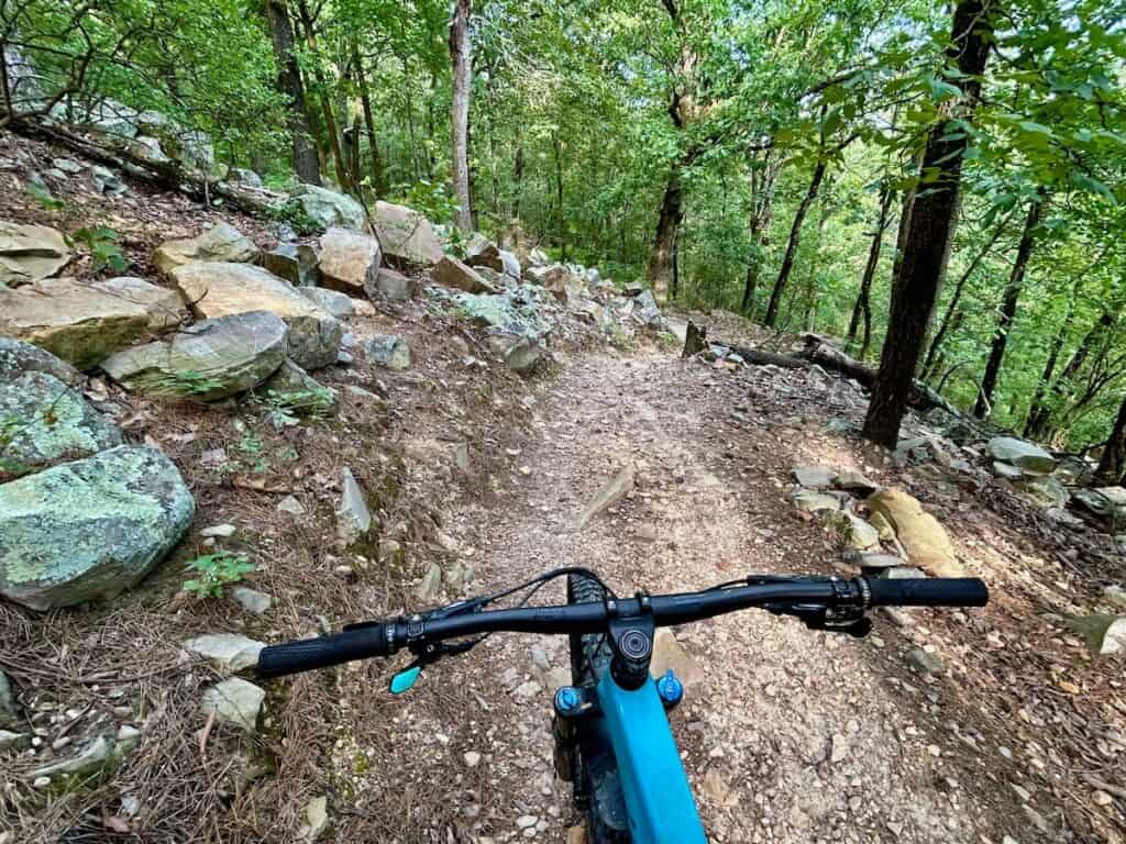 POV image of mountain bike on trail