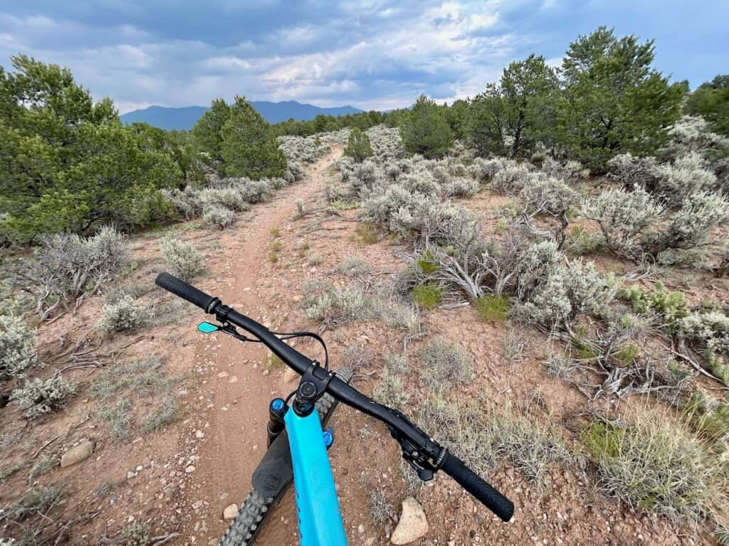 POV out over front of mountain bike handlebars onto singletrack trail