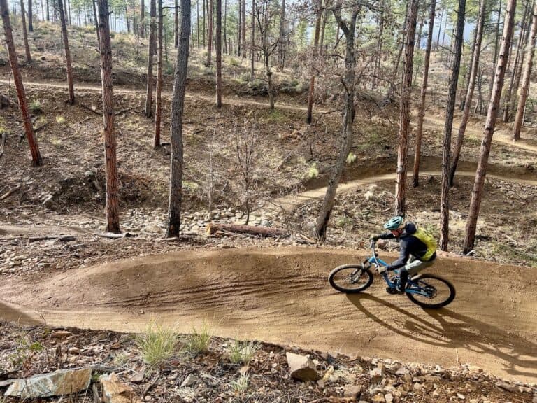Man riding mountain bike on flowy machine built trail
